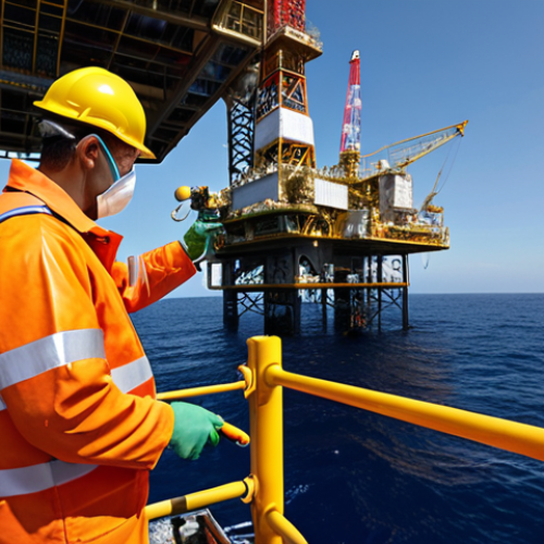 Home 4 **Image Prompt:** Dangerous offshore oil rig environment, focusing on safety measures. Workers wearing PPE, checking equipment, emphasizing hazard awareness and risk assessment. Include warning signs and safety protocols visibly.