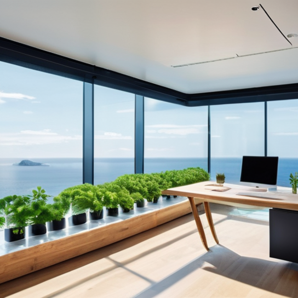 해상 거주 플랫폼에서의 직장 생활 - **Floating City Workspace with Ocean View:**
    An interior shot of a modern, minimalist home offic...