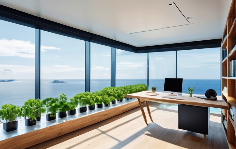 해상 거주 플랫폼에서의 직장 생활 - **Floating City Workspace with Ocean View:**
    An interior shot of a modern, minimalist home offic...