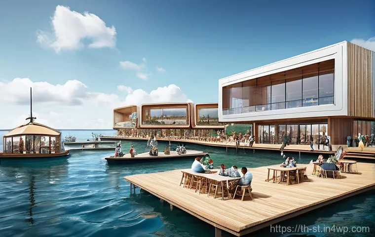 해상 거주 플랫폼의 공간 활용 사례 - **Sustainable Ocean Farming and Clean Energy Hub:** An innovative floating platform showcasing advan...