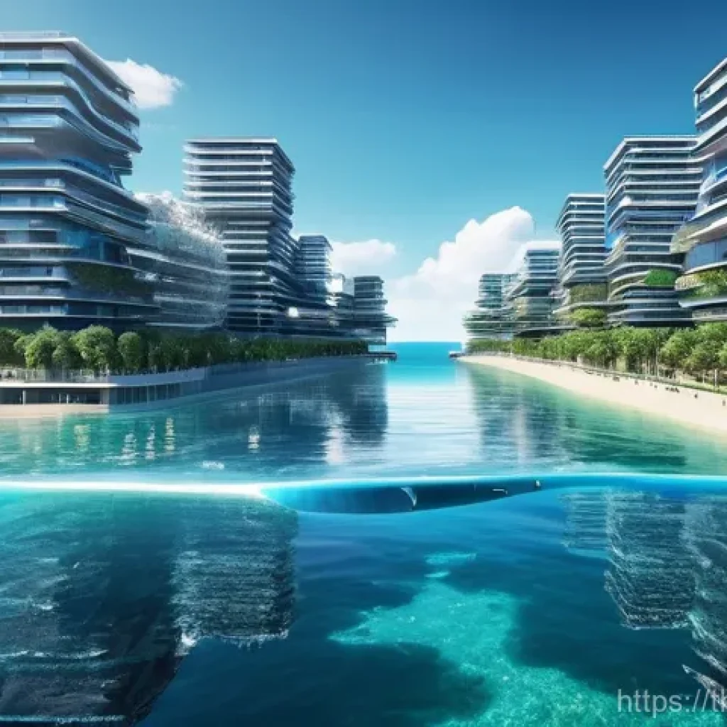 해상 거주 플랫폼의 식수 관리 시스템 - **A Modern Floating City with Advanced Desalination**:
    A vibrant, futuristic floating city platf...