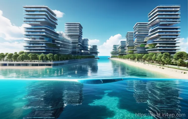 해상 거주 플랫폼의 식수 관리 시스템 - **A Modern Floating City with Advanced Desalination**:
A vibrant, futuristic floating city platf...