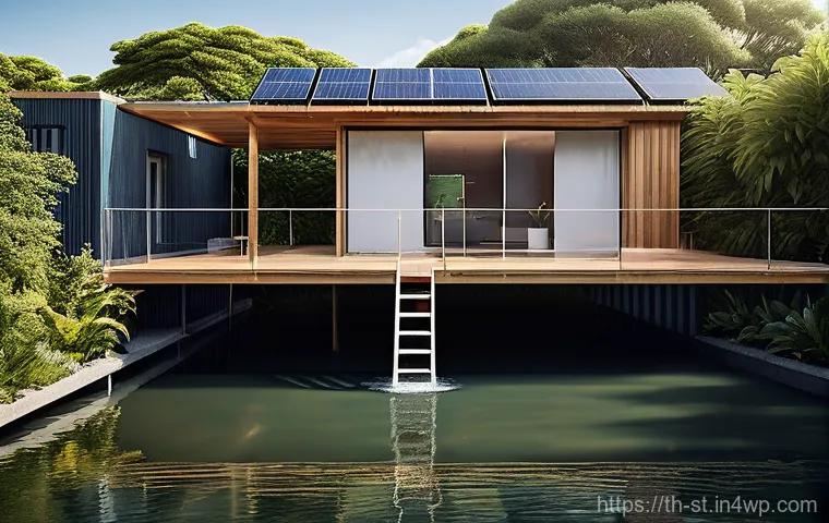 해상 거주 플랫폼의 식수 관리 시스템 - **A Modern Floating City with Advanced Desalination**:
    A vibrant, futuristic floating city platf...