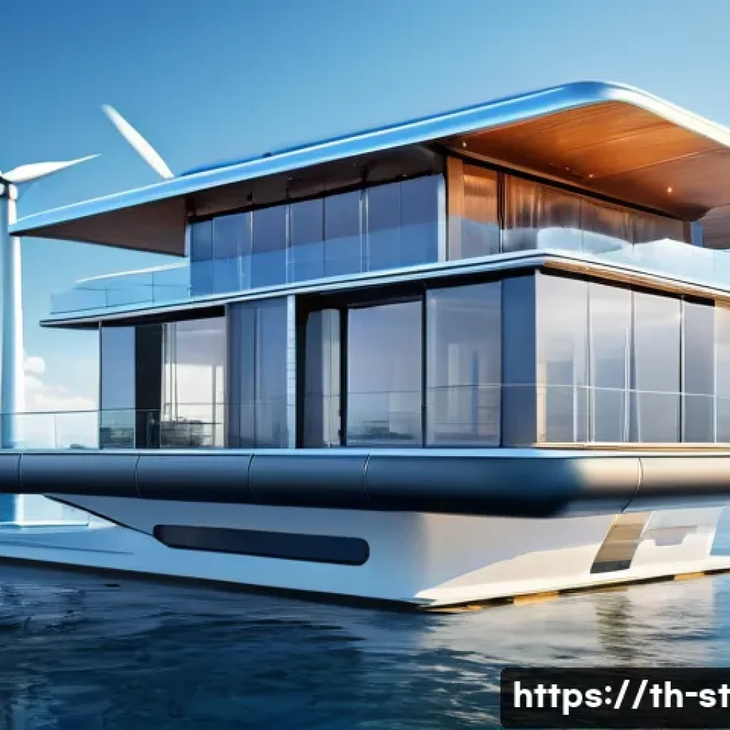 해상 거주 플랫폼의 사용자 맞춤형 앱 - A modern floating sea house with sleek solar panels and wind turbines on the roof, surrounded by cal...