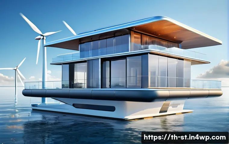 해상 거주 플랫폼의 사용자 맞춤형 앱 - A modern floating sea house with sleek solar panels and wind turbines on the roof, surrounded by cal...