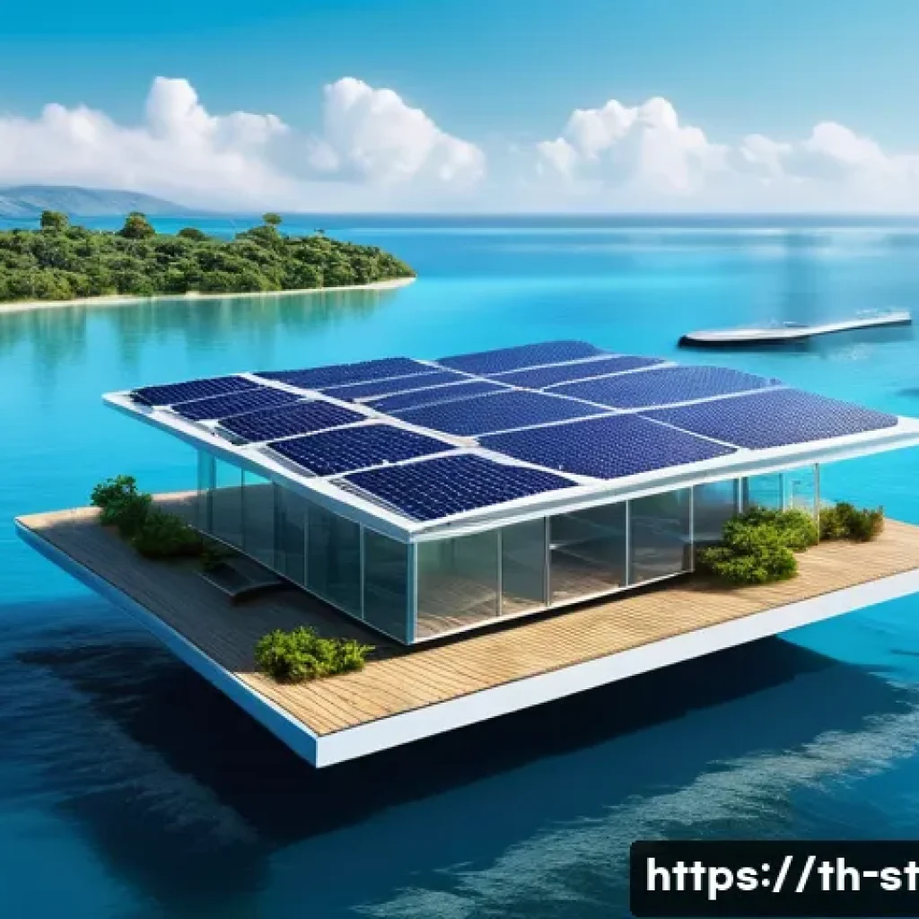 해상 거주 플랫폼 투자 전략 - A futuristic floating residential platform set in the middle of a calm sea under a clear blue sky, f...