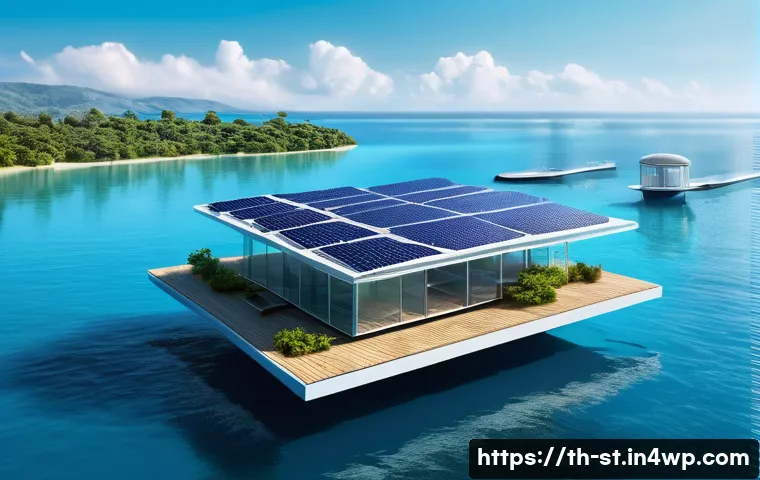 해상 거주 플랫폼 투자 전략 - A futuristic floating residential platform set in the middle of a calm sea under a clear blue sky, f...