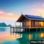 Home 21 해상 거주 플랫폼의 혜택과 단점 - A serene floating house on a calm sea at sunrise, surrounded by lush tropical islands typical of Sou...