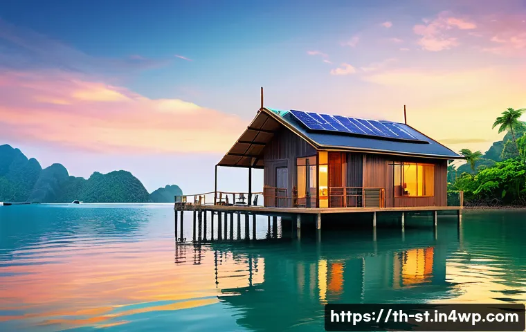 해상 거주 플랫폼의 혜택과 단점 - A serene floating house on a calm sea at sunrise, surrounded by lush tropical islands typical of Sou...
