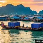 Home 20 해상 거주 플랫폼의 음식 공급 시스템 - A detailed scene showing an advanced logistics hub on a floating platform in the middle of the sea n...