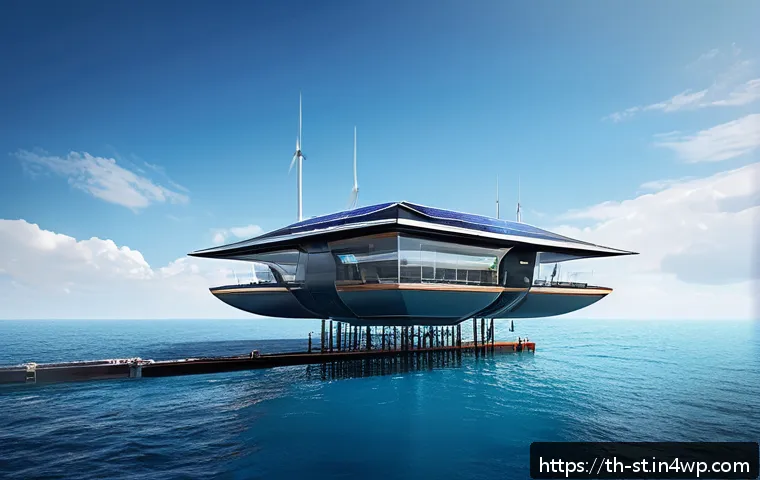 해상 거주 플랫폼의 시장 진입 전략 - A futuristic floating residential platform in the middle of the ocean during daytime, showcasing adv...