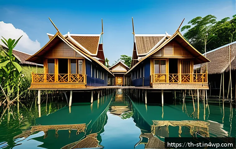 해상 거주 플랫폼의 시민 참여 모델 - A vibrant floating community in Thailand on a sunny day, featuring eco-friendly floating houses made...