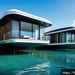 Home 23 해상 거주 플랫폼과 지역 경제의 상관관계 - A futuristic sustainable sea house floating on calm tropical waters near a Thai coastal village, fea...