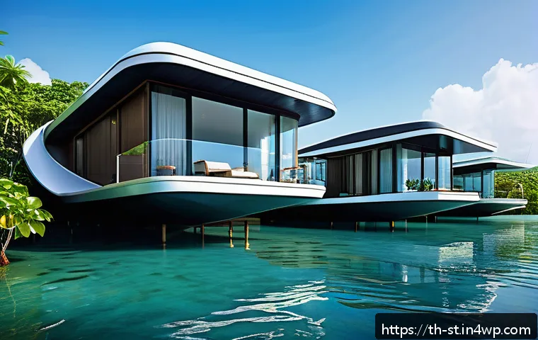 해상 거주 플랫폼과 지역 경제의 상관관계 - A futuristic sustainable sea house floating on calm tropical waters near a Thai coastal village, fea...