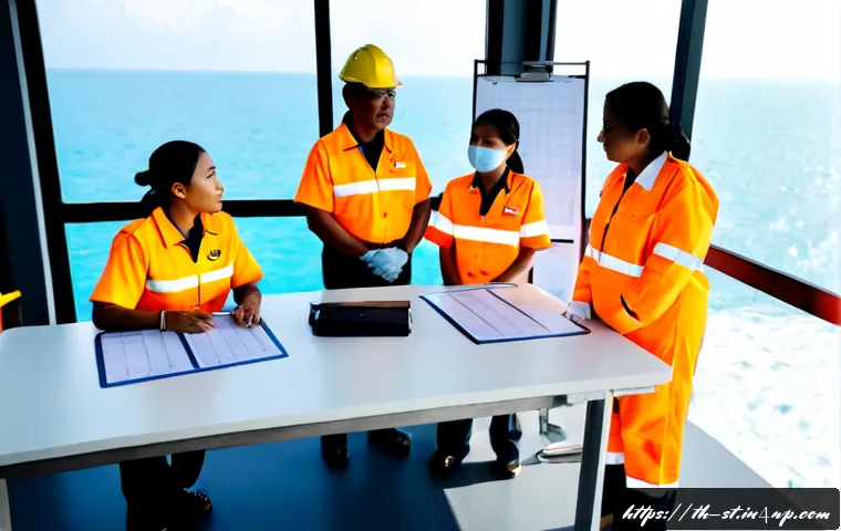 Home 17 해상 거주 플랫폼의 리더십 및 관리 - Photorealistic leadership meeting on a modern offshore residential platform in the Gulf of Thailand,...